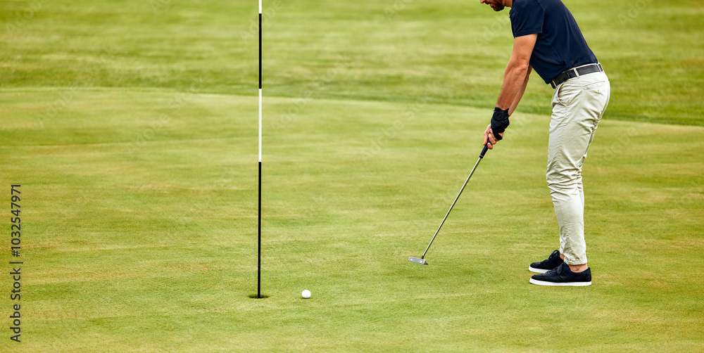 Fototapeta premium A Golfer Engages in Taking a Precise Shot from the Rough Grass on a Beautiful Sunny Day
