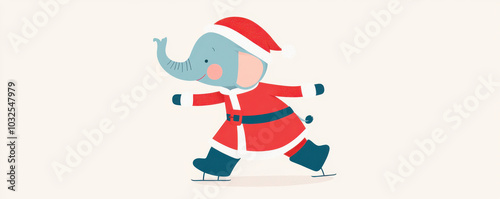 Cute elephant in Santa suit ice skating on a light background.