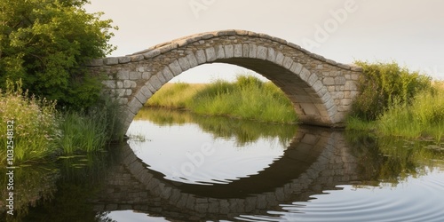 Serene Landscape with Stone Bridge and Reflections. photo