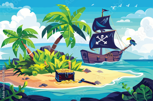 Pirate Island with Treasure Chests and Ships Painting, treasure cheast, tropical, palms. Sea landscape coast, beach, sand, adventure, game. Vector illustration