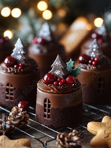 Festive chocolate cakes decorated with miniature Christmas trees and berries ...