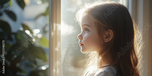 Little girl looking out of window