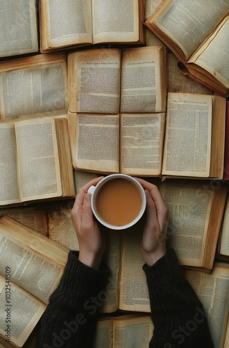 Cozy reading moment with a steaming cup of coffee surrounded by open books