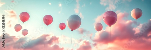 Colorful balloons float in the sky during a serene sunset near distant clouds