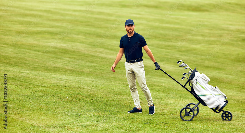 A golfer enjoys a relaxing stroll on the beautiful golf course with their equipment in tow A golfer enjoys a relaxing stroll on the beautiful golf course with their equipment in tow