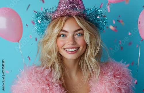 A joyful woman in a bright pink furry outfit and hat smiles widely against a ...