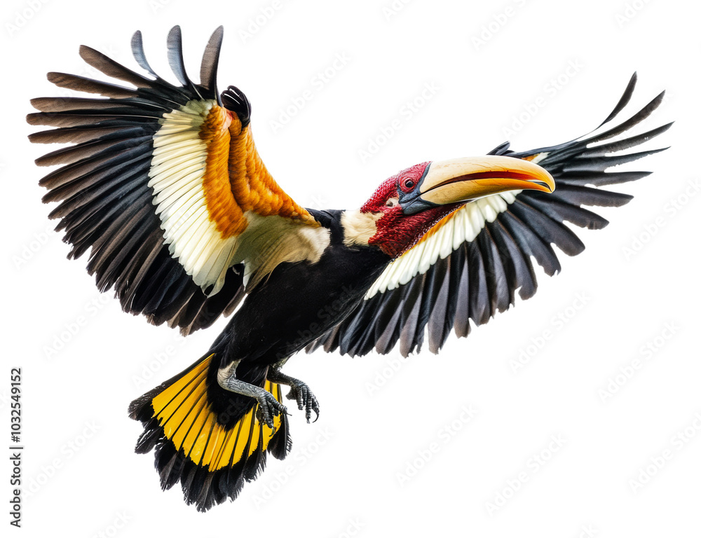 Fototapeta premium Colorful hornbill soaring in the blue sky isolated on transparent background