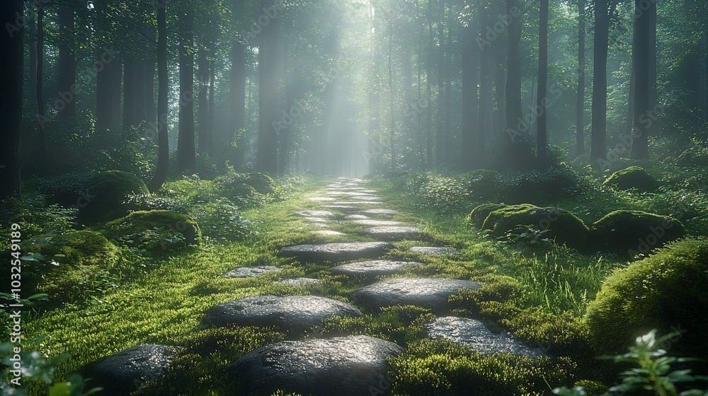 Fototapeta premium Misty forest path with stone steps leading towards the sun.