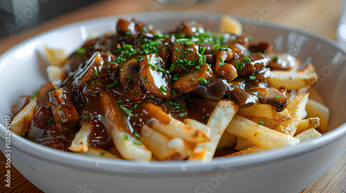 Vegetarian poutine with mushrooms and veggie gravy