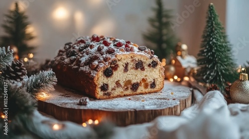 Deliciously baked fruit loaf adorned with powdered sugar and festive decorati...