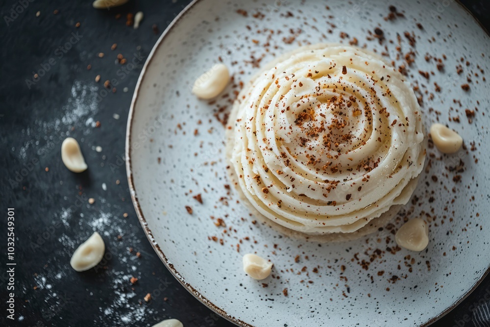 Creamy White Dessert with Brown Sprinkle Topping on White Plate Creamy White Dessert with Brown Sprinkle Topping on White Plate