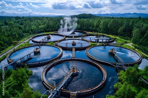 Aerial View of Circular Water Treatment Facility Surrounded by Lush Greenery