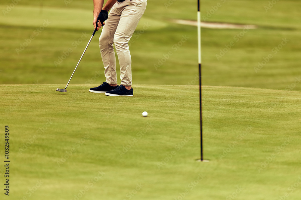 Fototapeta premium A Golfer Preparing to Putt on the Green while the Flag is Clearly in his View Nearby