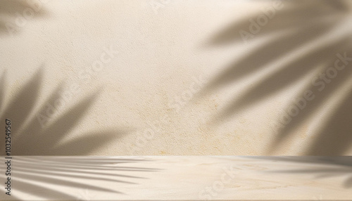 empty room with shadow plant on beige wall, empty brown marble stone counter table top with shadow , beige brown stucco cement luxury wall for product display presentation