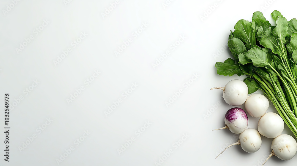 Fresh radish with greens, white isolate background
