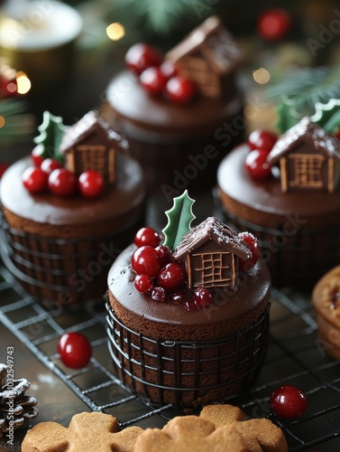 Festive chocolate cakes decorated with miniature Christmas trees and berries ...