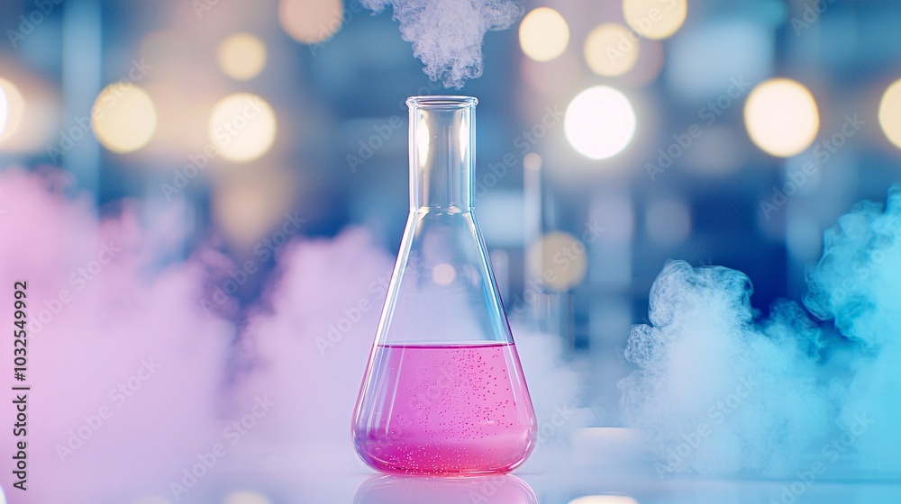 Dynamic Neon-Lit Lab Experiment - Glowing Fluid Swirling in Transparent Flask with Bubbling Liquid and Rising Mist Dynamic Neon-Lit Lab Experiment - Glowing Fluid Swirling in Transparent Flask with Bubbling Liquid and Rising Mist