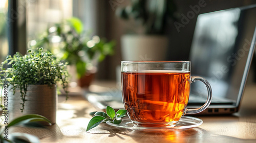  glass of tea on the table, laptop in the background, office