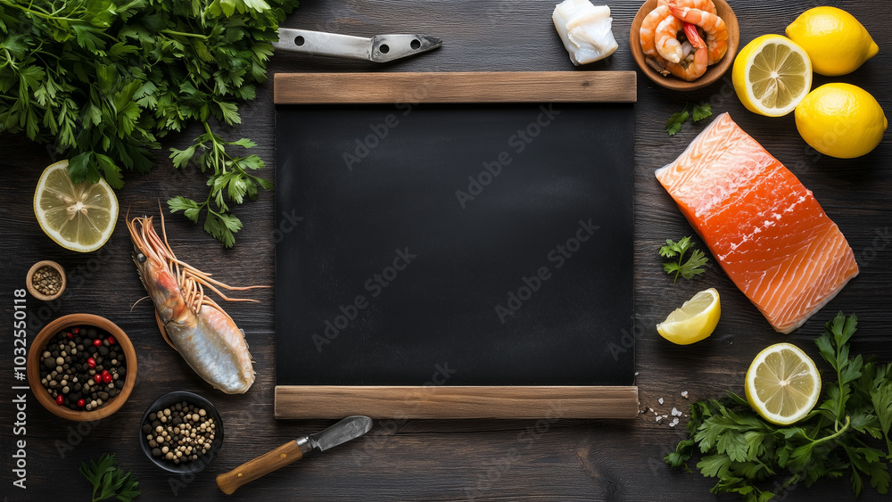 Fresh Seafood and Citrus Ingredients with Blank Chalkboard for Menu or Recipe Fresh Seafood and Citrus Ingredients with Blank Chalkboard for Menu or Recipe