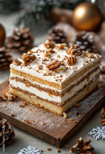 Festive walnut loaf cake with cream filling displayed on a wooden board durin...