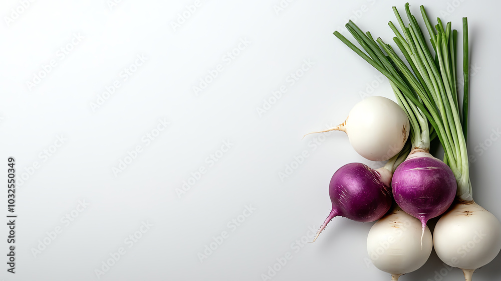 Fresh turnips with green tops, white background Fresh turnips with green tops, white background
