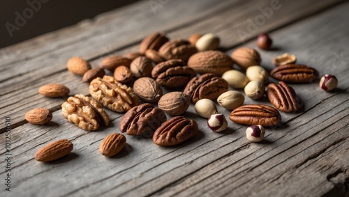 Mixed Variety of Nuts on a Wooden Surface.