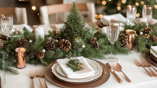 Elegant holiday table setting with pinecones, candles, and festive decor at a...