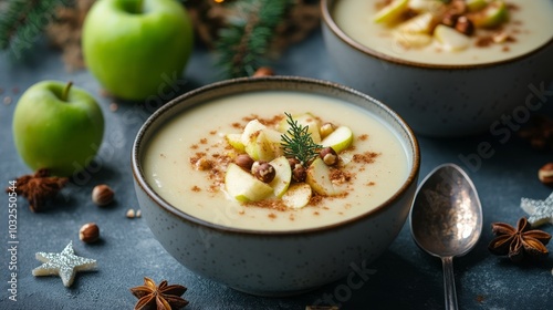 Delicious bowl of creamy oatmeal topped with apples and crunchy granola durin...