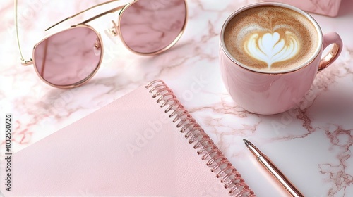 A cozy workspace with a cup of latte, stylish sunglasses, and a notepad on a ...