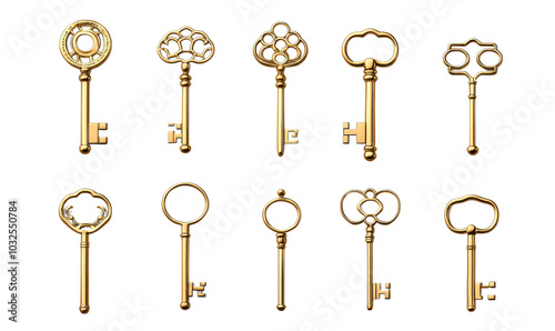 Collection of antique keys, gold color, isolate on transparent background, cutout, png