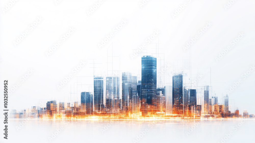Detailed architectural blueprints overlaid on a city skyline, grids and lines blending into buildings, modern urban development concept
Detailed architectural blueprints overlaid on a city skyline, grids and lines blending into buildings, modern urban development concept