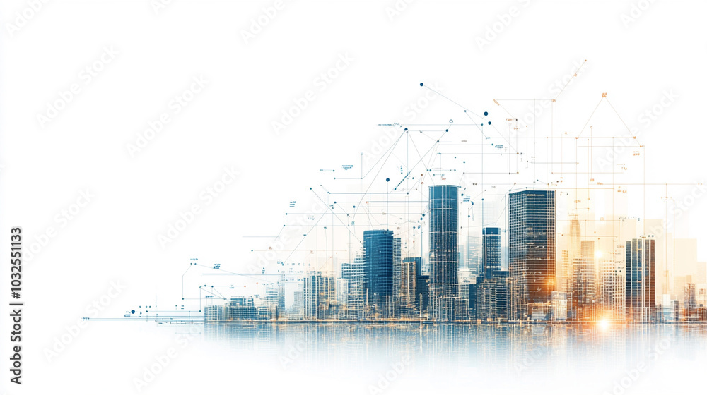 Fototapeta premium Detailed architectural blueprints overlaid on a city skyline, grids and lines blending into buildings, modern urban development concept