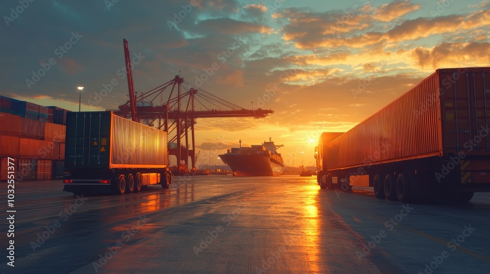 Obraz premium Container truck in ship port for business Logistics and transportation of Container Cargo ship and Cargo plane with working crane bridge in shipyard at sunrise, logistic import export and transport