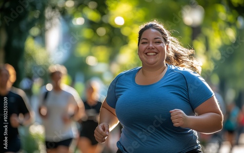 Happy runner enjoying an outdoor jog in a park surrounded by fellow joggers o...