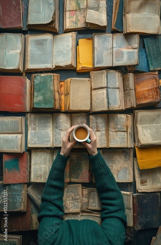Cozy reading moment with a steaming cup of coffee surrounded by open books