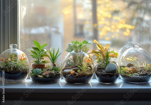 Indoor terrarium garden filled with various plants and decorative stones on a...