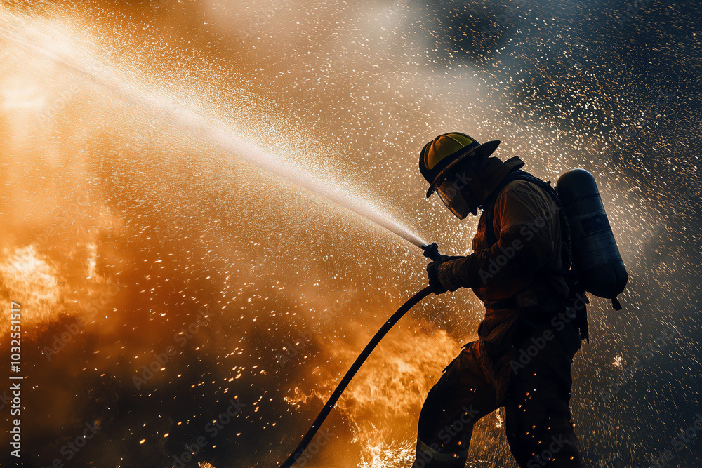 Fototapeta premium Firefighter spraying water at blazing flames, intense action shot with glowing embers flying through the air.