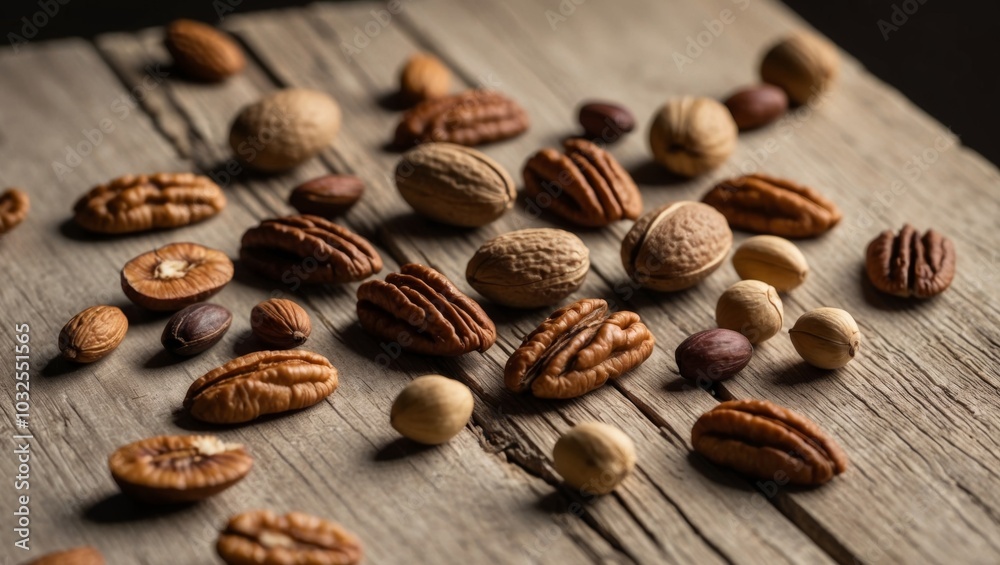 Mixed Variety of Nuts on a Wooden Surface.