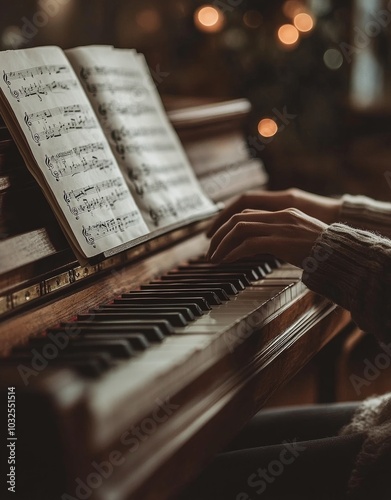 Person playing piano indoors while reading sheet music during cozy evening time