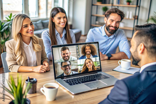 Remote team collaborating virtually via video call, smiling, engaged in discussion, multicultural backgrounds