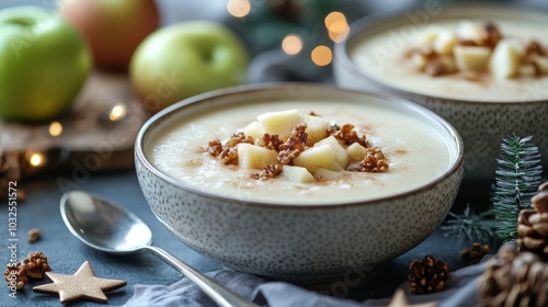 Delicious bowl of creamy oatmeal topped with apples and crunchy granola durin...