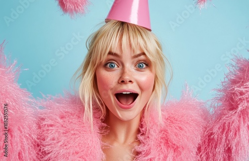 A joyful woman in a bright pink furry outfit and hat smiles widely against a ...