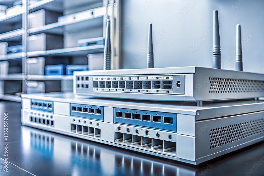 Close-up of network routers emphasizing cybersecurity and connectivity Close-up of network routers emphasizing cybersecurity and connectivity