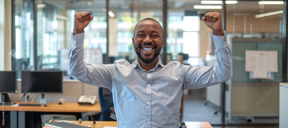 Obraz premium Joyful Business Professional Celebrating Success in a Modern Office Environment