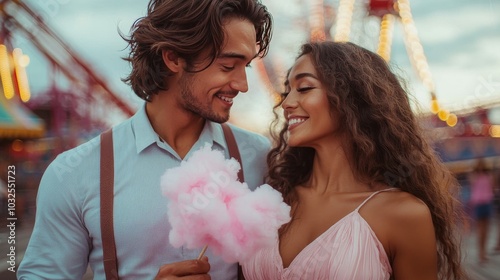 Young couple enjoying cotton candy at a summer carnival during sunset at the ...
