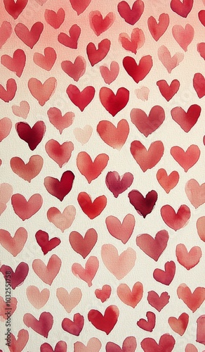 Colorful watercolor hearts background in varying shades of red and pink for V...