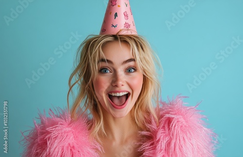 A joyful woman in a bright pink furry outfit and hat smiles widely against a ...