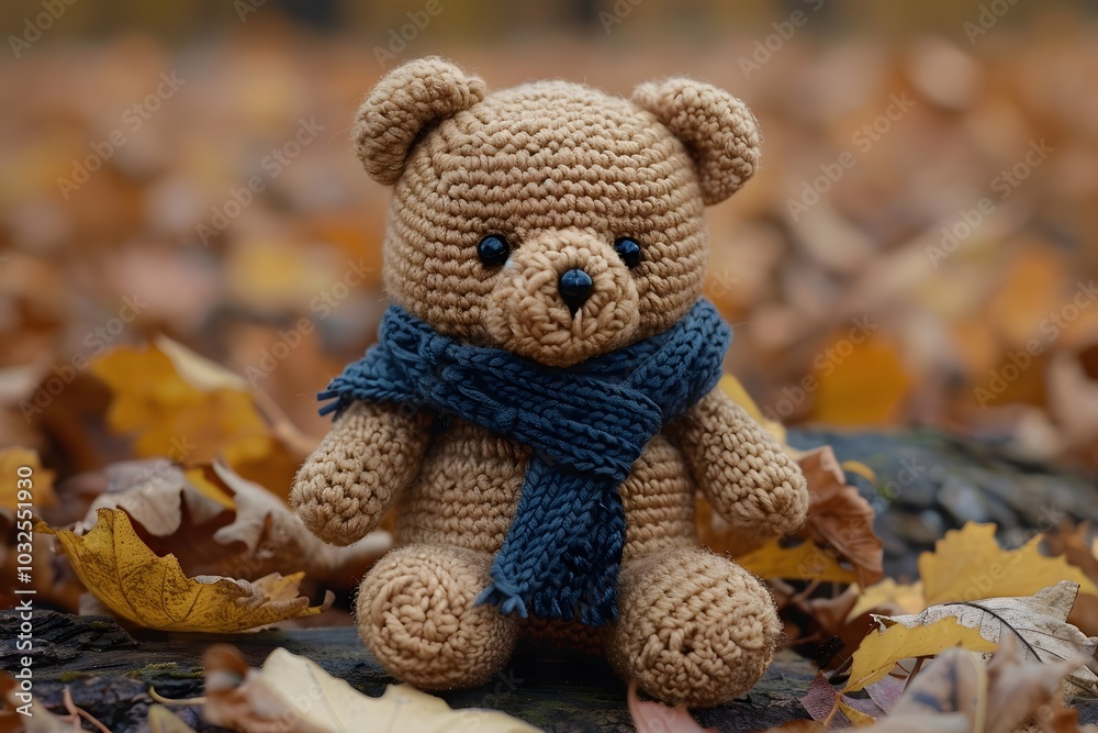 Adorable Crocheted Bear Surrounded by Autumn Leaves Adorable Crocheted Bear Surrounded by Autumn Leaves