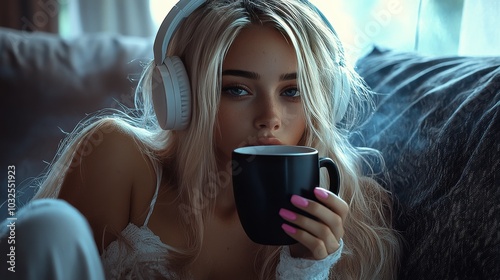 Young woman enjoying coffee while listening to music in a cozy, brightly lit ...