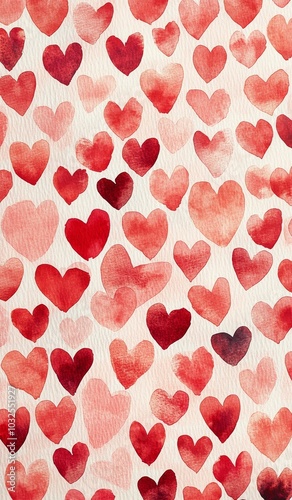 Colorful watercolor hearts background in varying shades of red and pink for V...